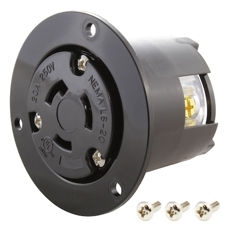 Ac Works Flanged Locking Inlet, L6-20R, 20 A, 250V AC, Screw Terminals, Black ASOUL620R
